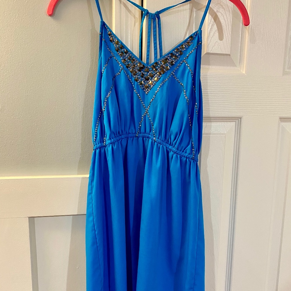 Strappy V-Neck Flattering Blue Sequin Design Dress
